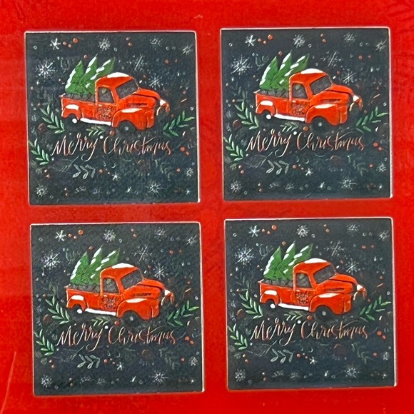 Christmas Tree Coasters Set of 4 Holiday Drink Dinnerware Cork Red Farm Truck - Picture 6 of 10